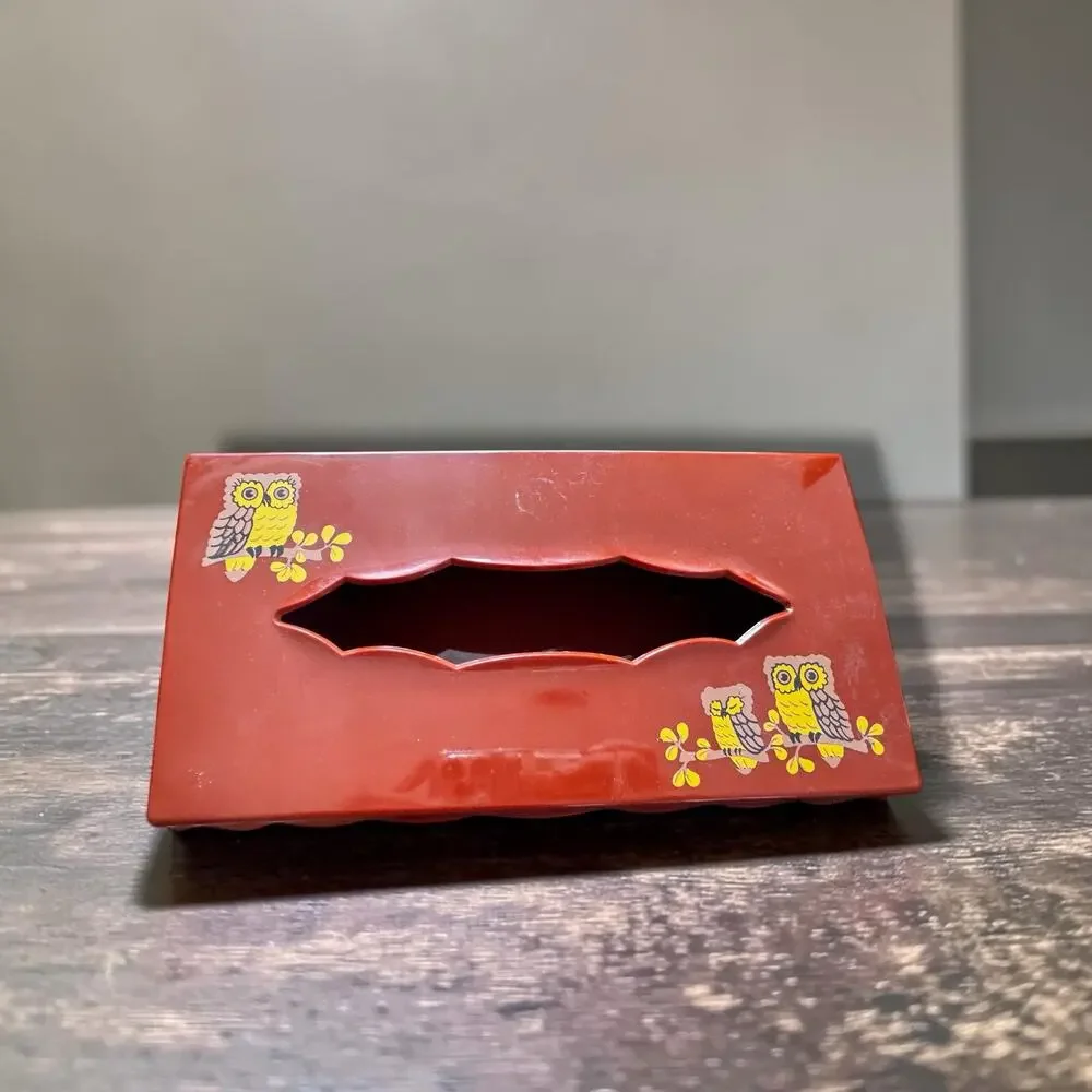 Vintage 1970s Wolff Products Owl Tissue Box Cover Burnt Orange Plastic Hinged
